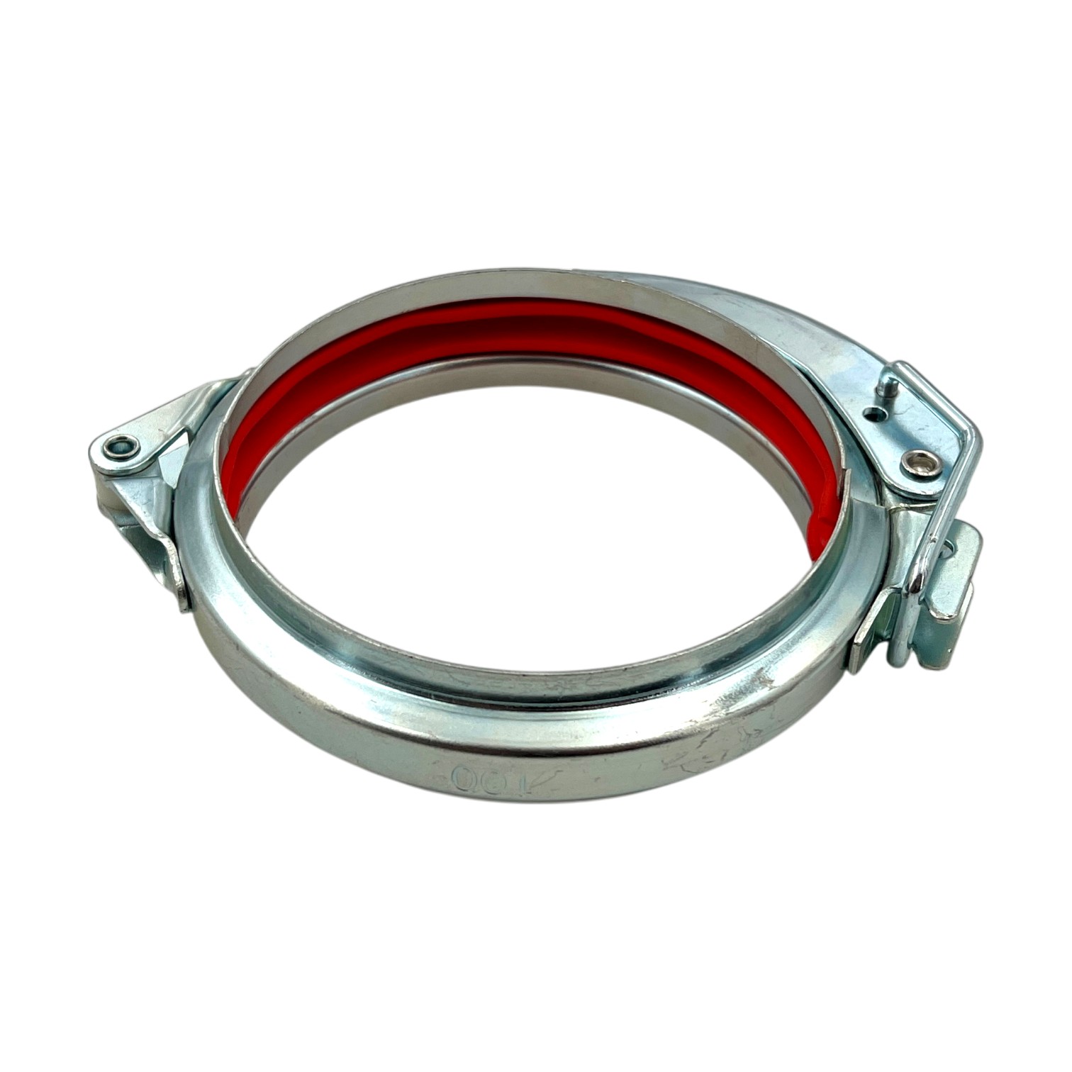 Schnellverschluss Spannring Typ B, verzinkt, mit roter PVC-Dichtung, auf weißem Hintergrund.