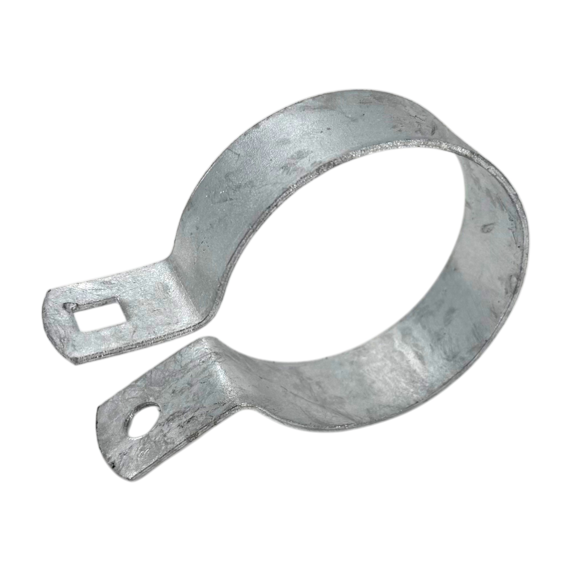 Strebenschelle für Rundrohr, verzinkt, mit rechteckiger und runder Befestigungsöffnung auf weißem Hintergrund
