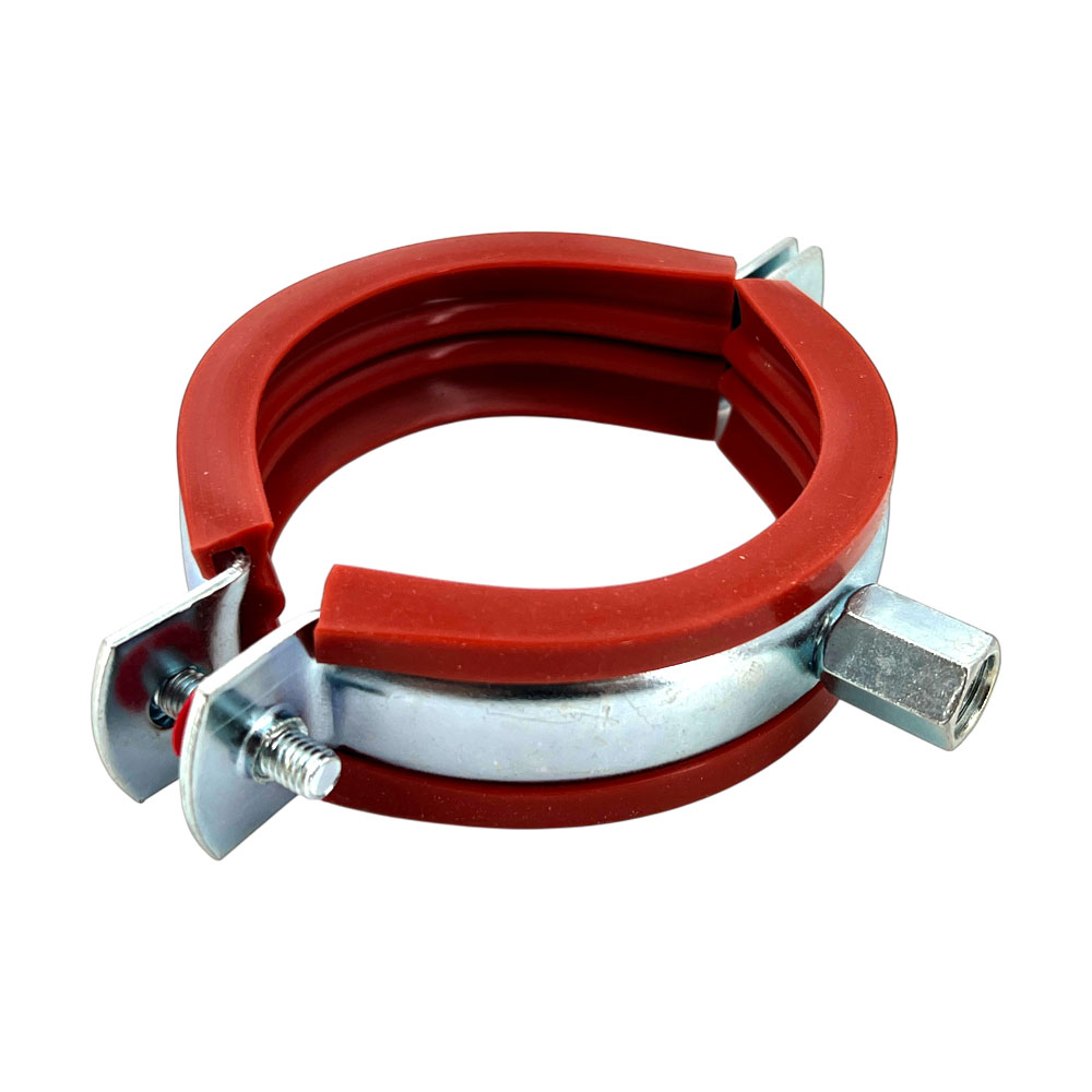 Silikon Rohrschelle, verzinkt, mit roter Silikoneinlage und Anschlussmutter M8/M10, detailreich vor weißem Hintergrund abgebildet.