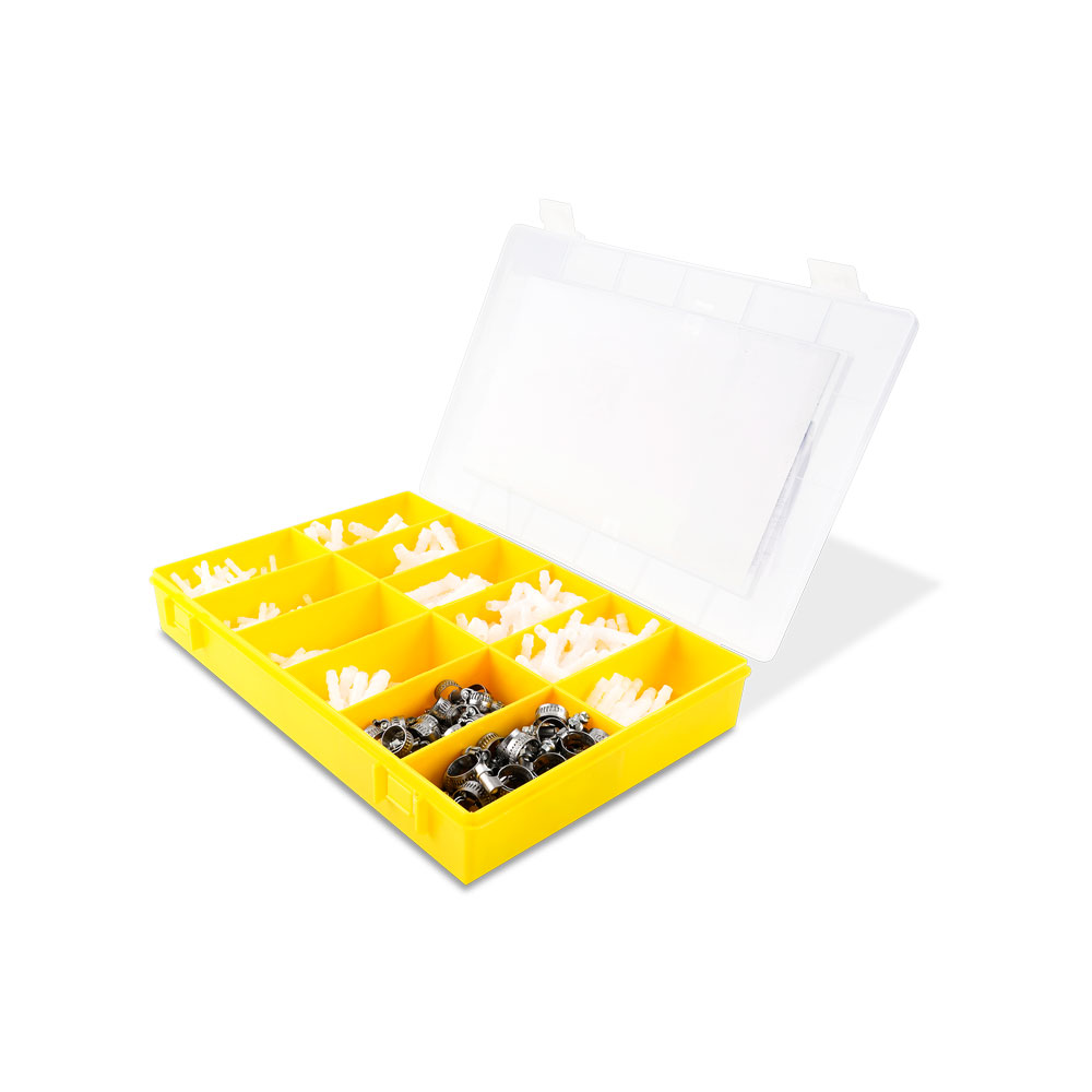 Schlauchverbinder Schlauchschellen Sortiment Box – Praktische gelbe Aufbewahrungsbox mit transparentem Deckel, gefüllt mit verschiedenen Schlauchverbindern und Schlauchschellen. Offene gelbe Schlauchverbinder Schlauchschellen Sortiment Box mit weißen Verbindern und silbernen Schellen in Fächern.