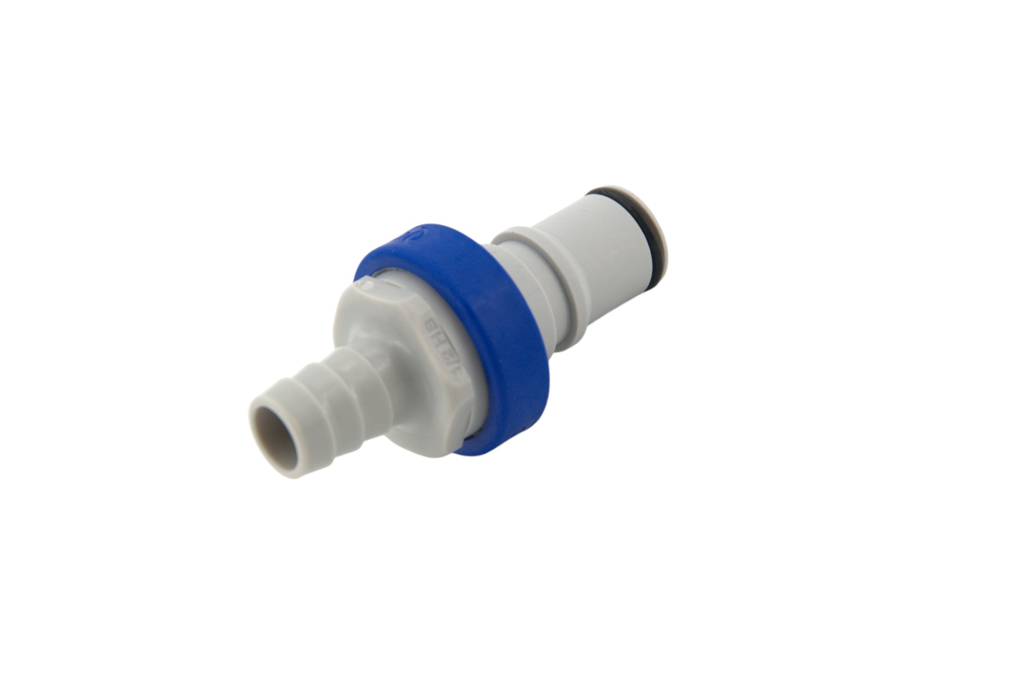 NS6D22008MBLU - NS6 CPC Stecker 12,7 mm Schlauchanschluss, mit Absperrventil, EPDM-Dichtung - Blau Grauer NS6 CPC Stecker (NS6D22008MBLU) mit blauem Sicherungsring, 12,7 mm Schlauchanschluss, integriertem Absperrventil und EPDM-Dichtung, freigestellt auf weißem Hintergrund.
