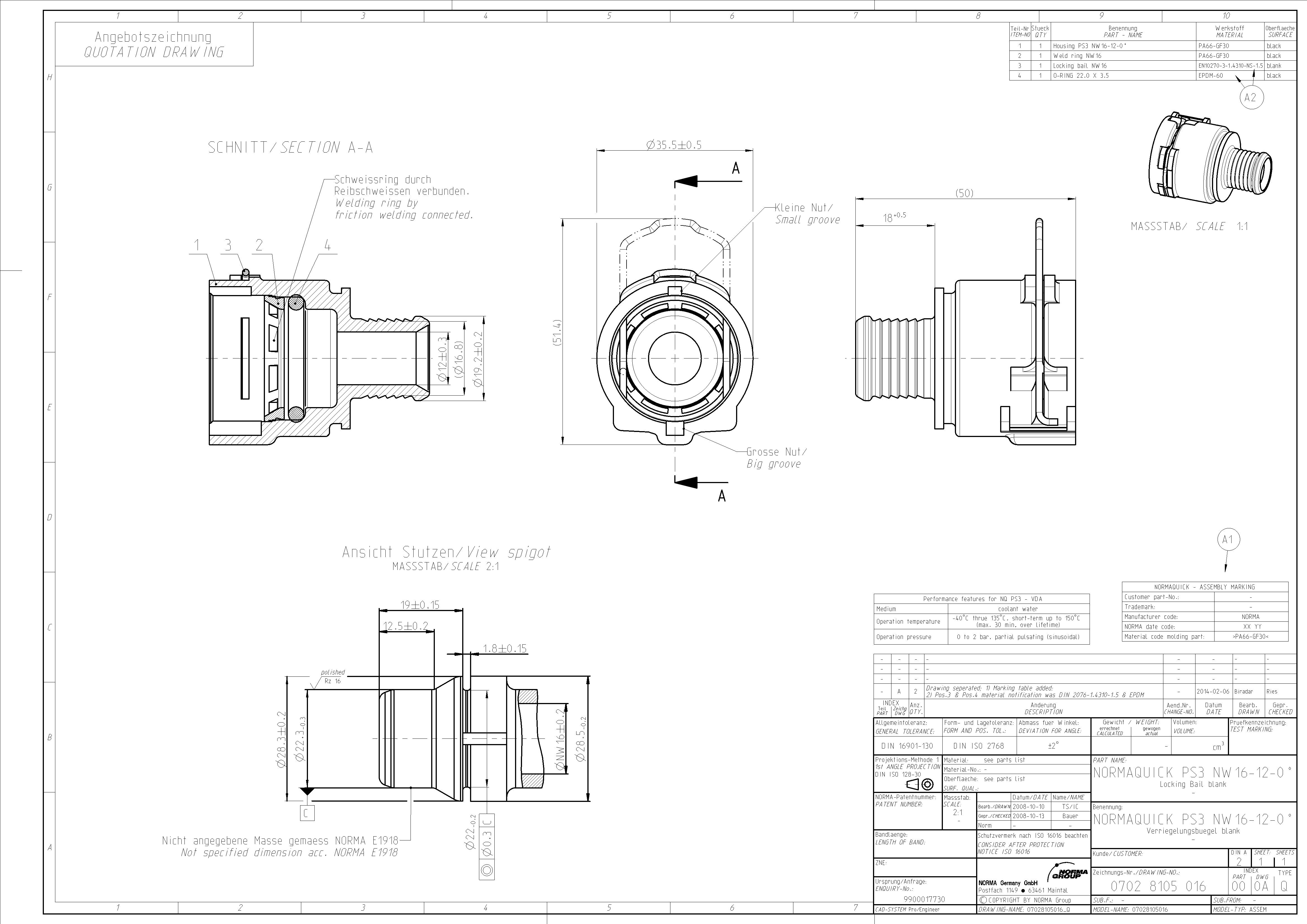 NORMAQUICK PS3 NW 16-12-0 Schnellverbinder: Detaillierte technische Zeichnung mit Schnittansichten, Bemaßungen und Materialspezifikationen für Kühlwassersysteme. Technische Angebotszeichnung des NORMAQUICK PS3 NW 16-12-0 Schnellverbinders. Die detaillierte Darstellung zeigt verschiedene Ansichten, darunter einen Querschnitt, eine Frontansicht und eine perspektivische Ansicht, mit allen relevanten Bemaßungen, Kompo