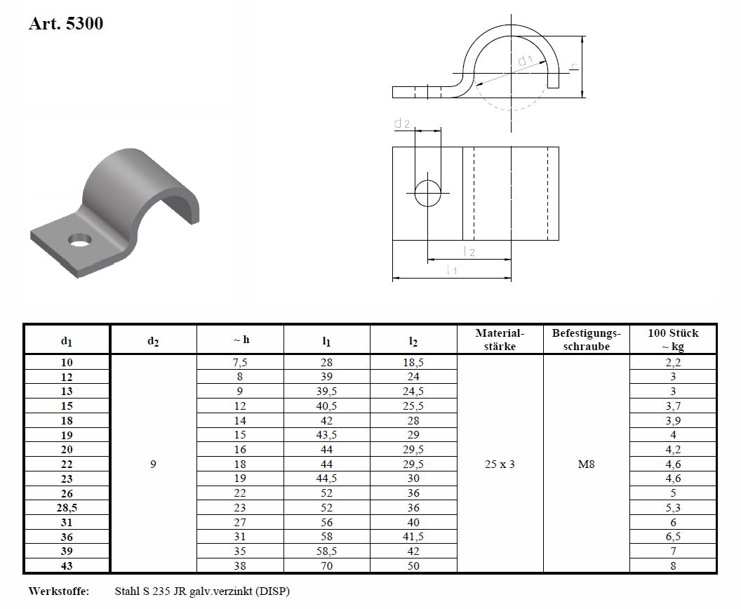 NORMAFIX Befestigungsschelle BSS 530 aus verzinktem Stahl, ideal zur Montage von Rohren und Leitungen. NORMAFIX Befestigungsschelle BSS 530, U-förmig, aus verzinktem Stahl mit einem Montageloch.