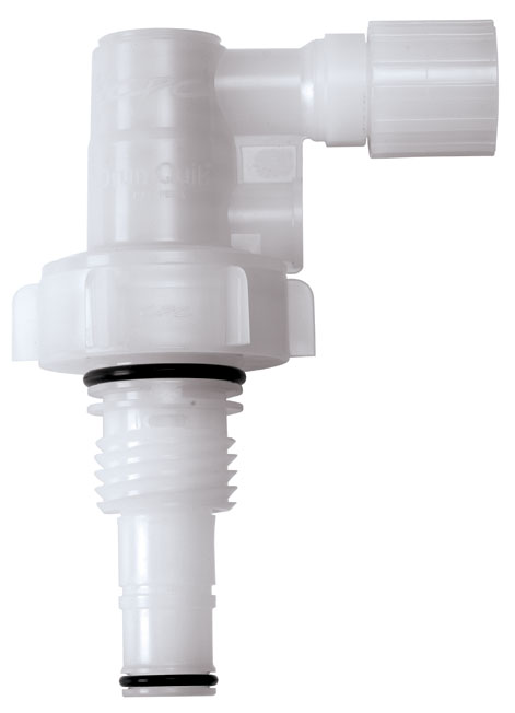 DQPRO120312 - DrumQuik Pro Winkelkupplung mit 3/4 Zoll Schlauchanschluss, mit Absperrventil, EPDM-Dichtung Weiße DrumQuik Pro Winkelkupplung DQPRO120312 mit 3/4 Zoll Schlauchanschluss und integriertem Absperrventil, EPDM-Dichtung
