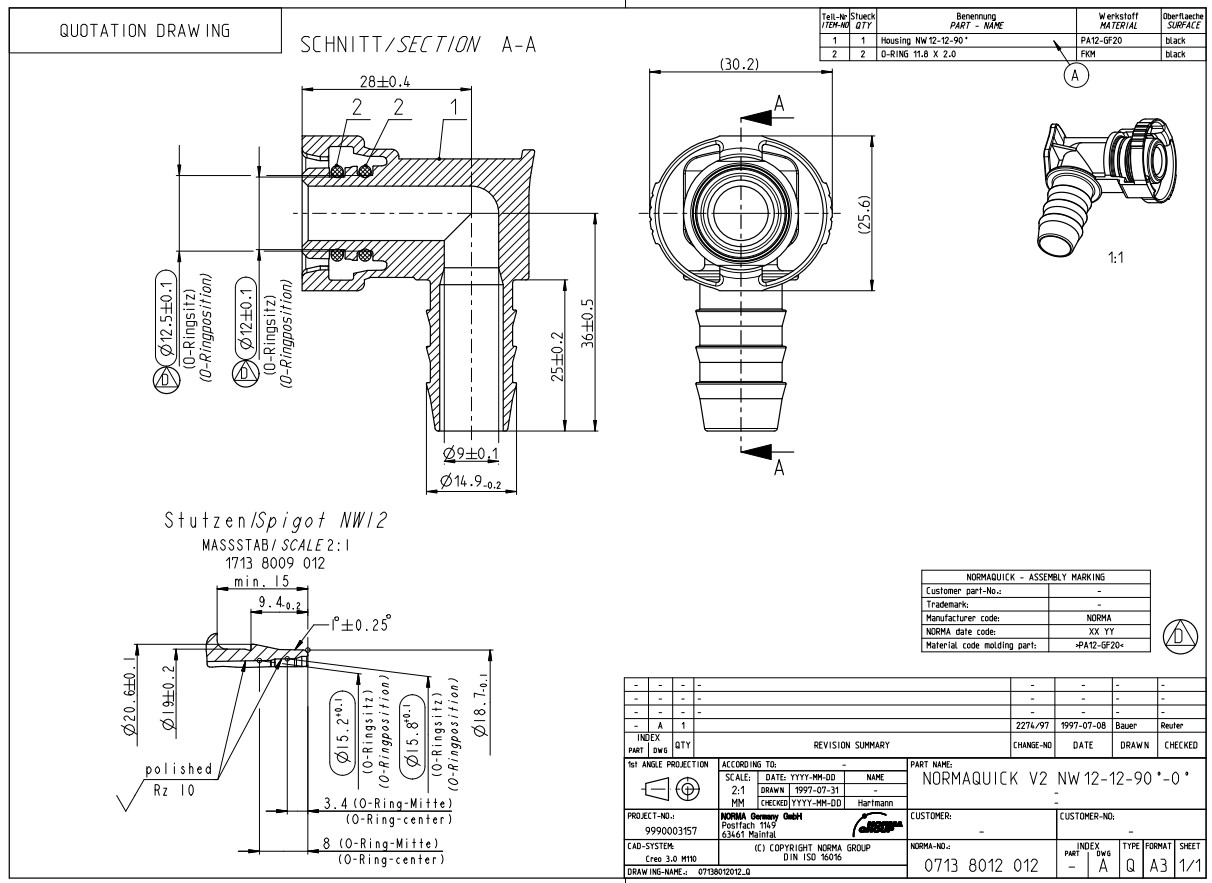 NQ-V2 Steckverbindung NW 12 - 12 - 90°, 12 mm Schlauchanschluss NQ-V2 Steckverbindung NW 12 - 12 - 90°, 12 mm Schlauchanschluss
