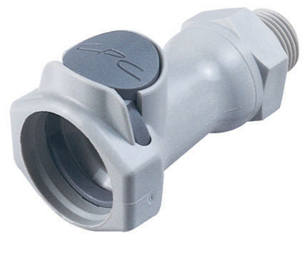 HFC10612BSPT CPC Schlauchkupplung aus hellgrauem Kunststoff mit 3/8 Zoll BSPT Außengewinde und Schnellverschlussmechanismus, ohne Absperrventil.