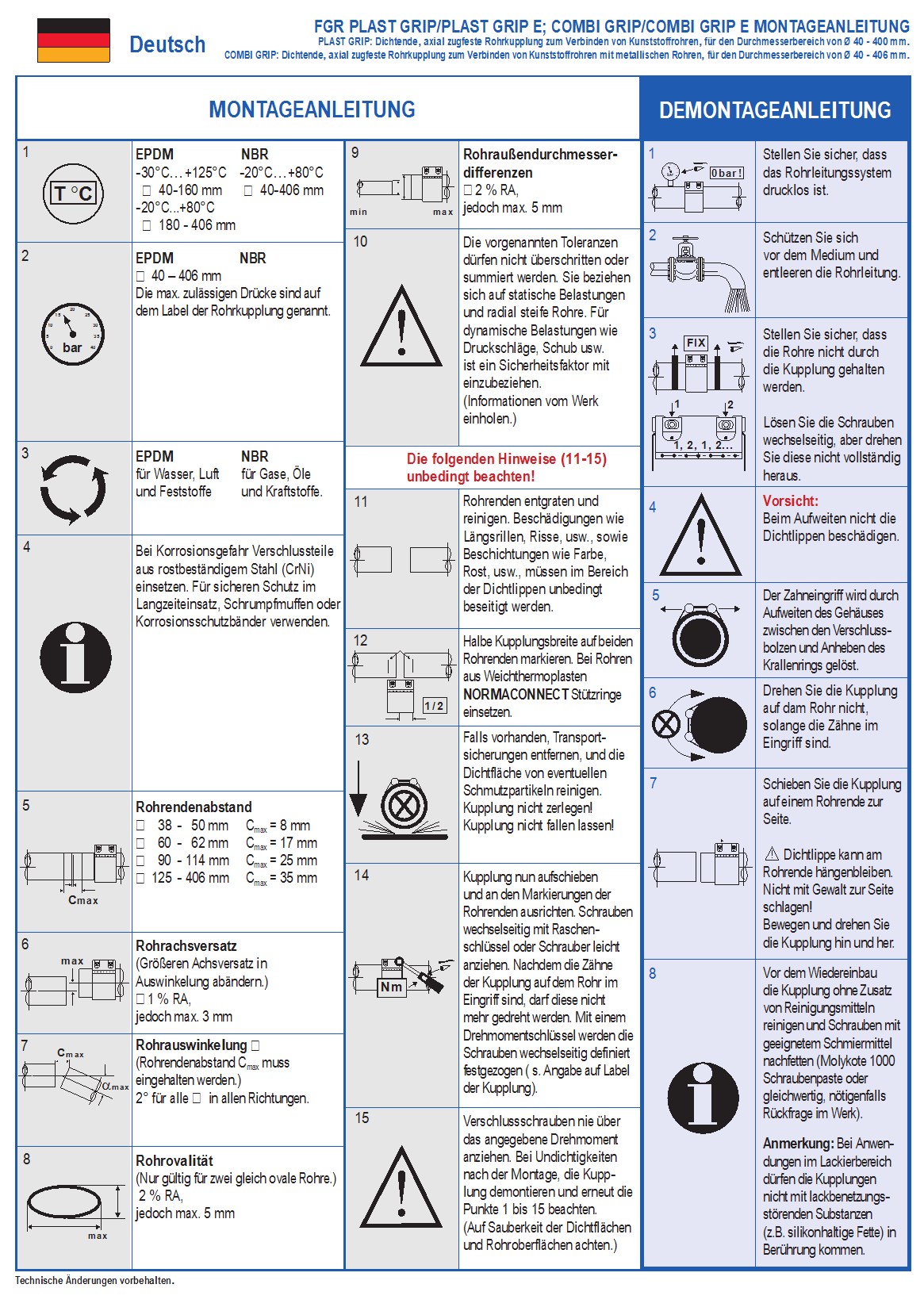 Technische Montage- und Demontageanleitung für FGR Plast Grip und Combi Grip Rohkupplungen, in deutscher Sprache. Die Seite enthält detaillierte Anweisungen, technische Spezifikationen zu Materialien, Druckbereichen und Maßen sowie illustrative Diagramme