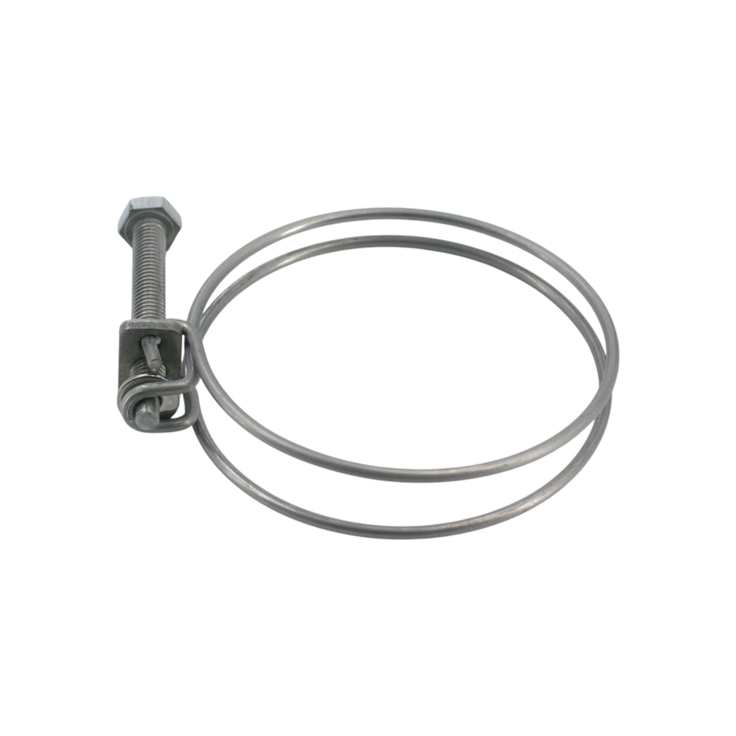 Robuste Doppeldraht-Schlauchschelle für sichere Befestigung von Schläuchen und Rohren Doppeldrahtschlauchschelle aus Metall mit Schraubverschluss auf weißem Hintergrund