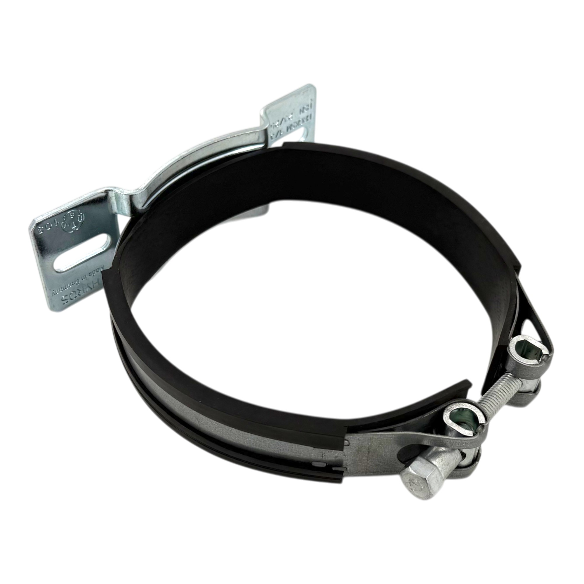 Gelenkbandschelle / Speicherschelle mit Gummierung, Konsole K1. Eine robuste, silberne Metallbandschelle mit schwarzer Innenbeschichtung und seitlicher Montagekonsole ist auf einem weißen Hintergrund dargestellt, bereit für die Installation.