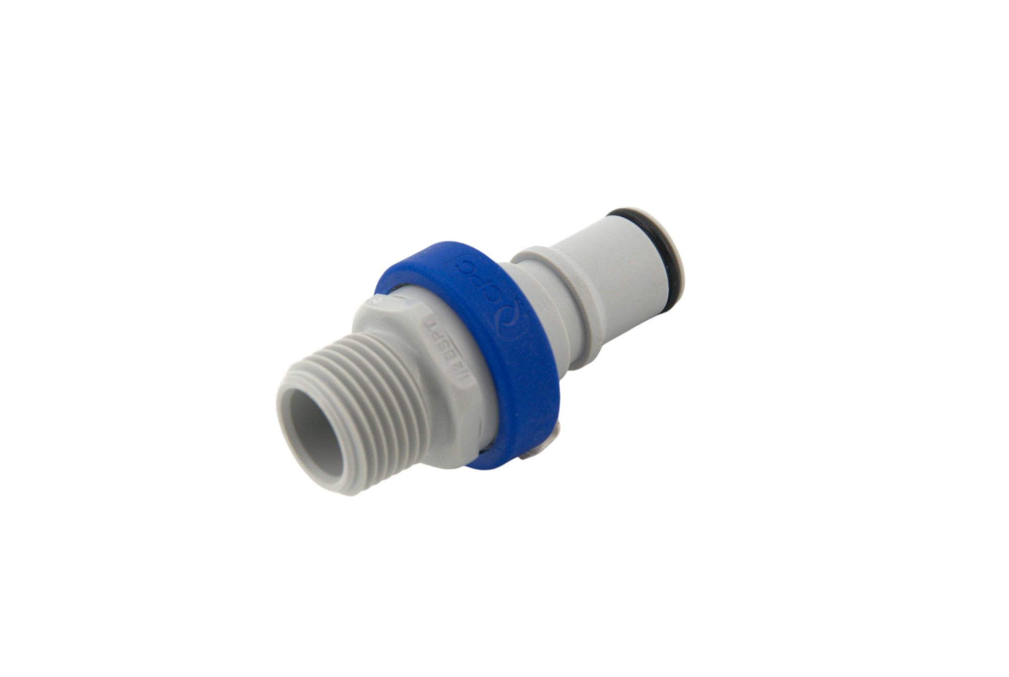 NS6D24008BSPTMBLU - Stecker 1/2" BSPT Außengewinde, mit Absperrventil, EPDM-Dichtung - Blau NS6D24008BSPTMBLU Stecker: Grauer Verbinder mit 1/2 Zoll BSPT Außengewinde, blauem Absperrventilring und EPDM-Dichtung, diagonal auf weißem Hintergrund dargestellt.