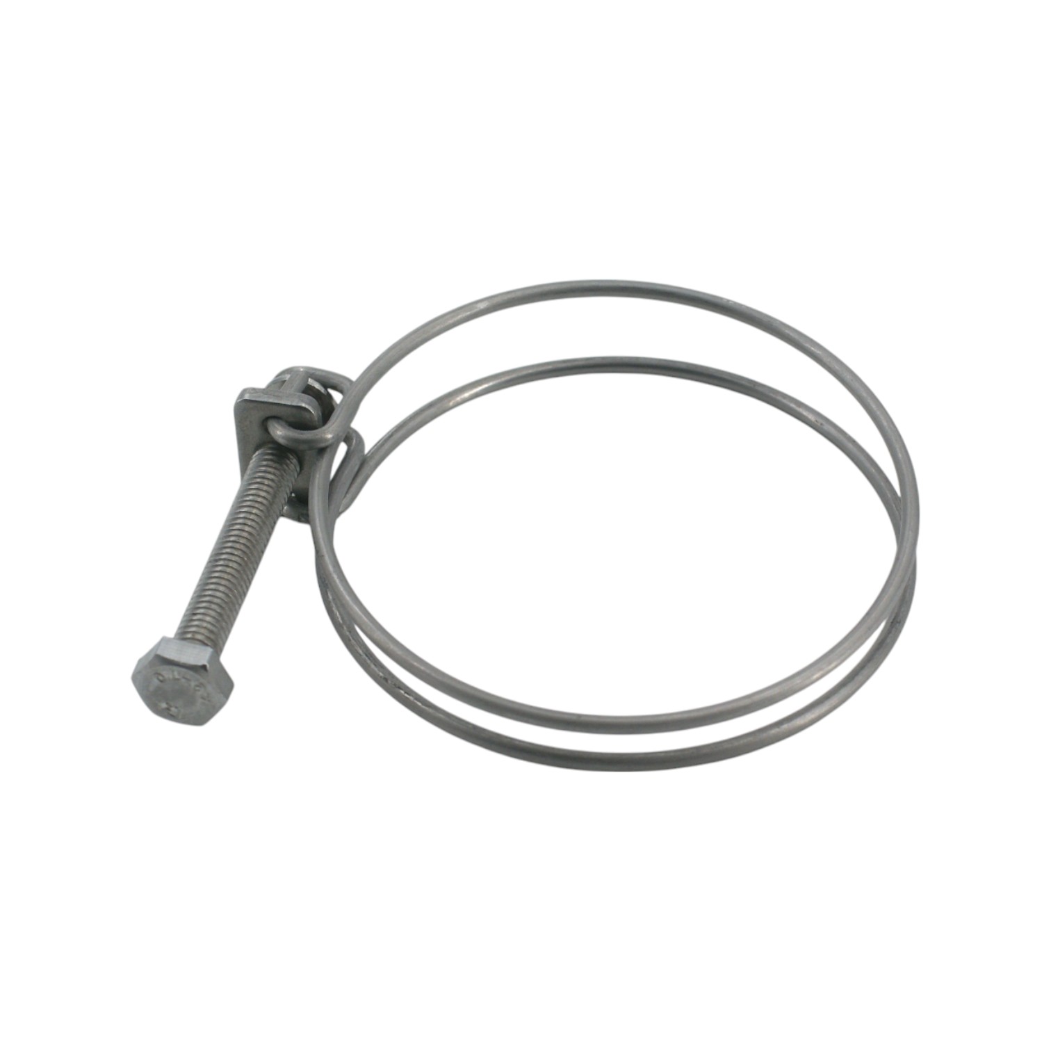 Doppeldraht-Schlauchklemme aus Metall für sichere Befestigung von Schläuchen und Rohren. Metallene Doppeldraht-Schlauchklemme mit Schraubverschluss auf weißem Hintergrund. Die Klemme besteht aus zwei Drahtringen und einem seitlich angebrachten Schraubmechanismus.