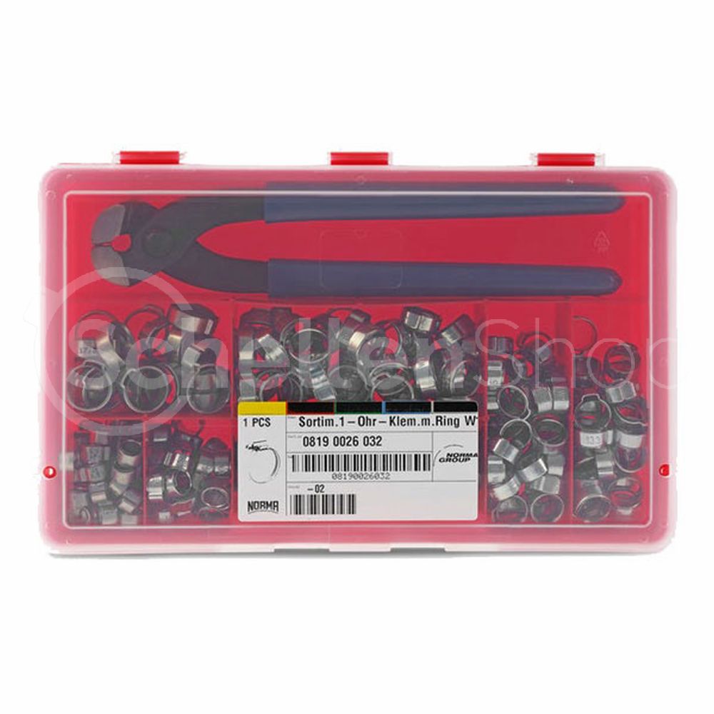 Sortiment-1-Ohr-Klemmen-mit-Einlage ABA 1-Ohr Klemmen Sortiment mit Einlagering Box