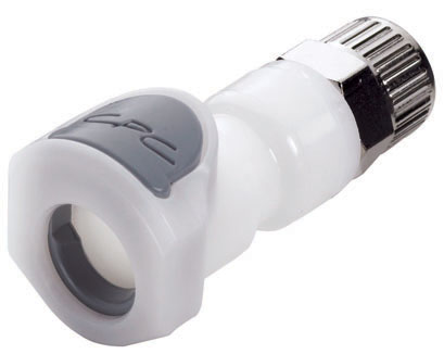 APC13006SH - Schnellkupplung 9,5 mm AD / 6,4 mm ID Klemmringverschraubung. Detaillierte Ansicht der weißen Kunststoffkupplung mit Metallteil. APC13006SH Schnellkupplung, weiß mit grauem Entriegelungsknopf und Klemmringverschraubung 9,5 mm AD / 6,4 mm ID.