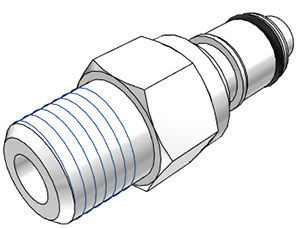 APCD24004 - CPC Stecker 1/4 Zoll NPT Außengewinde mit Absperrventil: Schnellkupplungsstecker aus Metall. APCD24004 - CPC Stecker 1/4 Zoll NPT Außengewinde mit Absperrventil. Detailansicht eines silberfarbenen Metallsteckers mit Gewinde an einem Ende und einem Schnellkupplungsmechanismus mit integriertem Absperrventil am anderen.