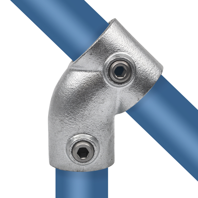 Rohrverbinder T-Stück / T-Verbinder kurz 45° - Typ 3 aus verzinktem Metall, der zwei blaue Rohre in einem 45-Grad-Winkel verbindet und mit Innensechskantschrauben gesichert ist.