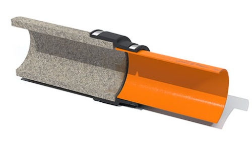 Querschnitt einer Rohrkupplung, die ein graues Betonrohr mit einem orangefarbenen Kunststoffrohr verbindet. Produkt von Rohrverbinder, Rohrkupplung, Rohre verbinden.