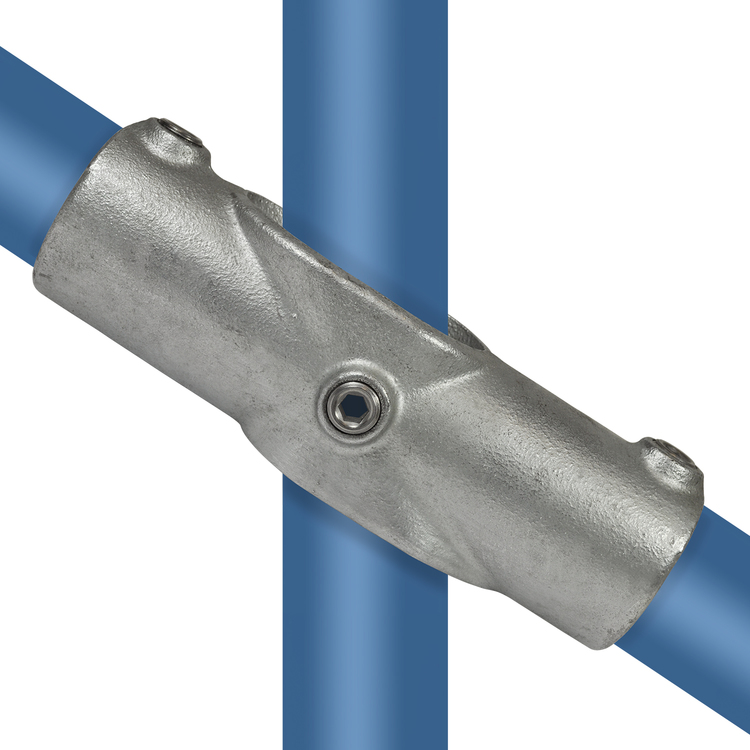 Rohrverbinder Kreuzstück für 45° Gefälle / Neigung - Typ 125 aus verzinktem Stahl, verbindet zwei blaue Rohre in einem 45-Grad-Winkel, Schrauben sichtbar.