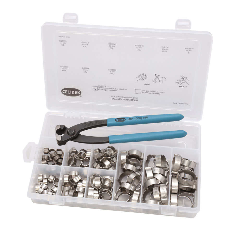Das OETIKER® 2-Ohrklemmen Sortiment (124-teilig) aus Edelstahl und die passende Zange bieten eine komplette Lösung für sichere Schlauchverbindungen. OETIKER® 2-Ohrklemmen Sortiment (124-teilig) aus Edelstahl mit Klemmzange in einer transparenten Aufbewahrungsbox.