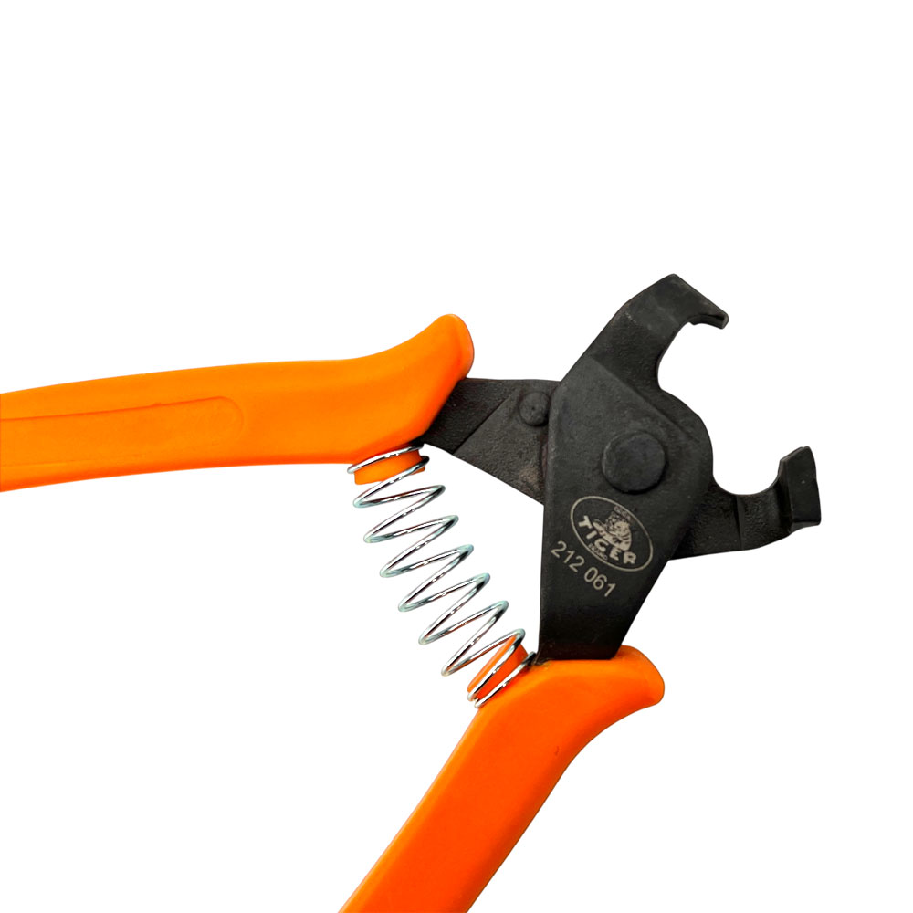 TIGER Schlauchklemmen-Zange für COBRA, CLIC und CLIC-R Schlauchschellen, mit orangefarbenen Griffen und schwarzem Klemmkopf, vor weißem Hintergrund.
