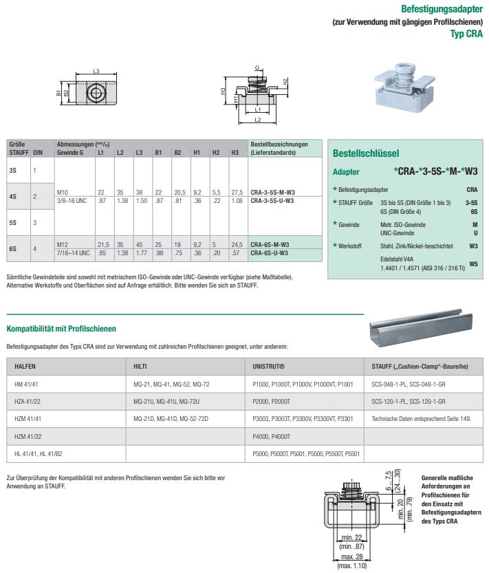 STAUFF Befestigungsadapter Typ CRA: Das Bild zeigt detaillierte technische Zeichnungen mit Abmessungen, ein Produktbild des Adapters sowie Tabellen für Bestellbezeichnungen, einen Bestellschlüssel und die Kompatibilität mit Profilschienen von Herstellern