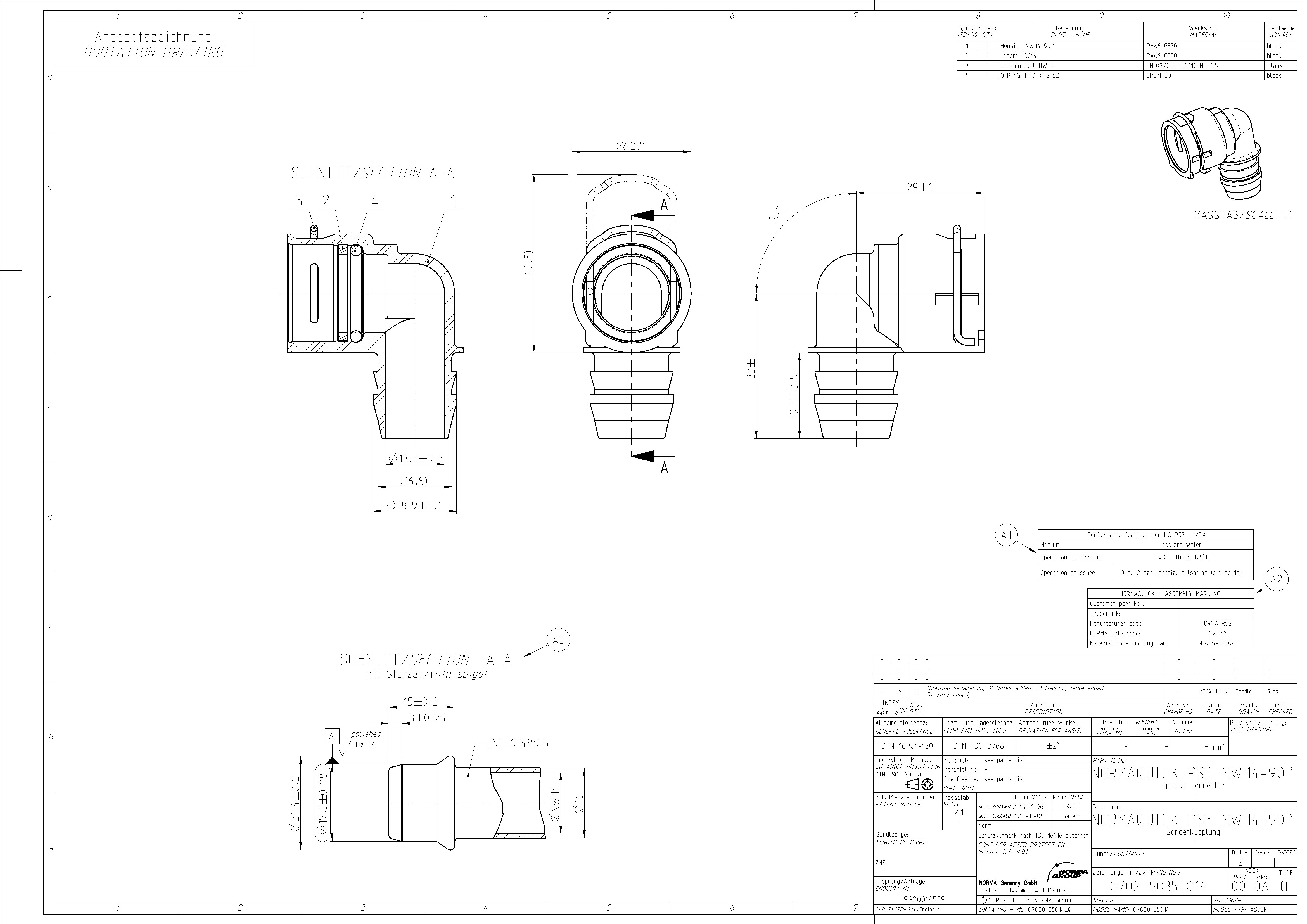 NQ-PS3 Steckverbindung NW 14 - 90° - EPDM NQ-PS3 Steckverbindung NW 14 - 90° - EPDM