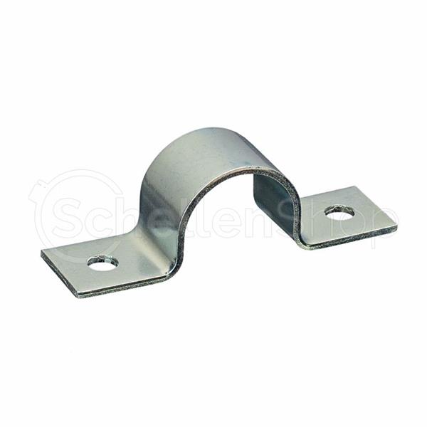 Leichte Rohrschelle DIN 1597, zweilaschig Leichte Rohrschelle DIN 1597, zweilaschig, silberfarben, U-förmig, mit zwei Befestigungslaschen und Löchern auf weißem Hintergrund.