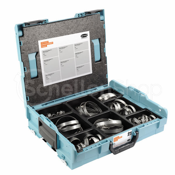 OETIKER EXPERTAINER COOL Set mit Worm-Drive Clamps, verschiedenen Größen von Schlauchschellen aus Metall, übersichtlich in einer hellblauen Systembox mit Schaumstoffeinlage und Inhaltsübersicht organisiert. Geöffnete hellblaue OETIKER EXPERTAINER COOL Werkzeugbox, gefüllt mit verschiedenen Größen von glänzenden Metall-Schlauchschellen in schwarzen Fächern. Auf dem Deckel befindet sich ein Etikett mit Inhaltsangaben.